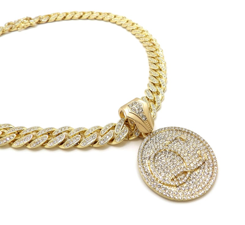 BLINGFACTORY Men Hip Hop QC Quality Control Pendant & 12mm 18in Full Iced Box Lock Cuban Chain Necklace - Image 5